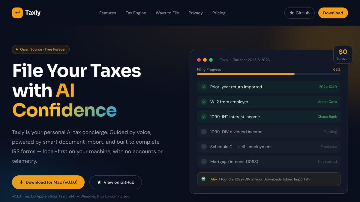 Taxly: Local-First AI Tax Preparation, desktop screenshot 1
