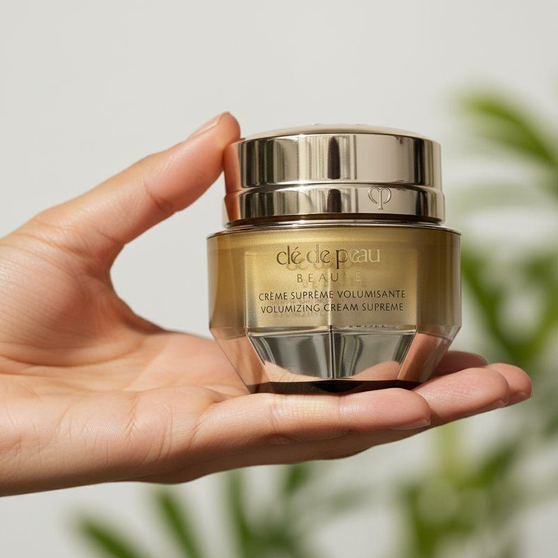 After: the Clé de Peau cream jar held in an open hand