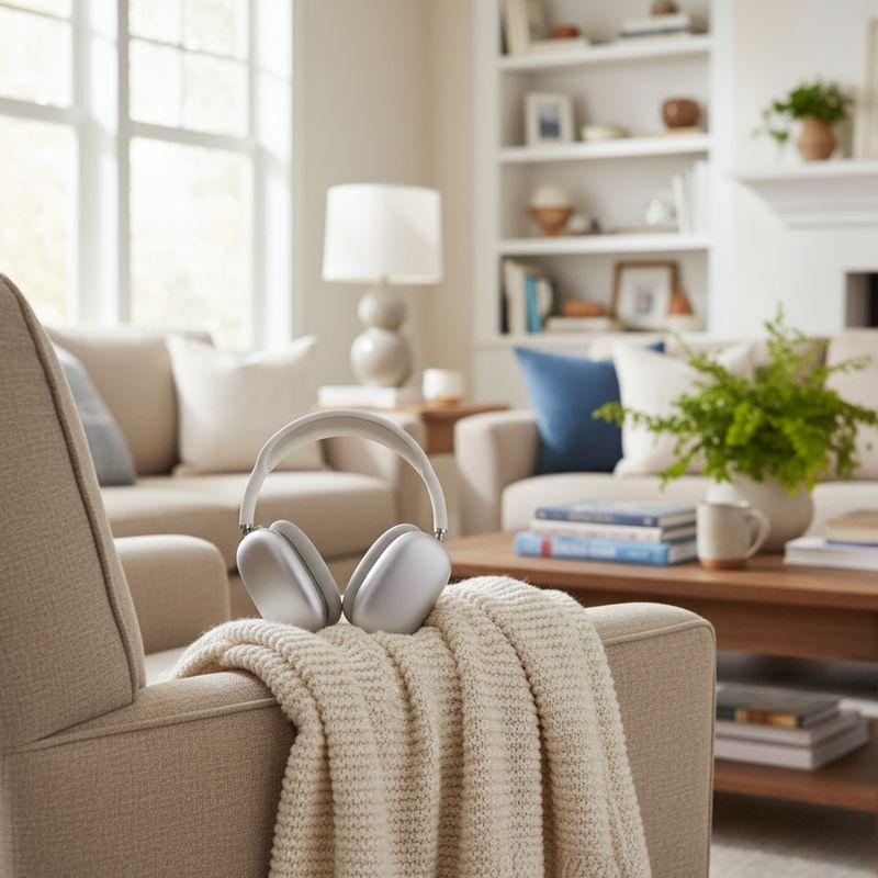 After: silver headphones on a knit throw in a bright living room