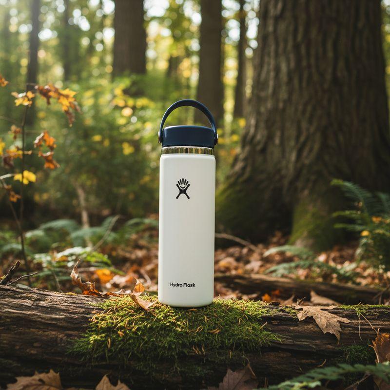 After: the Hydro Flask bottle on a mossy log in an autumn forest