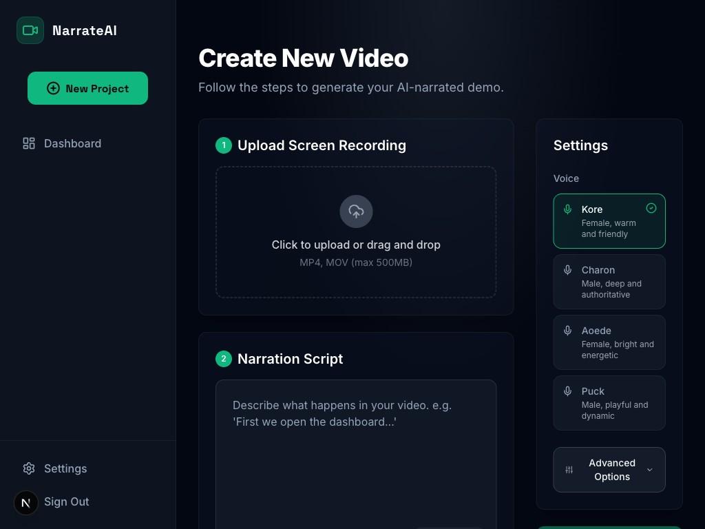 AI Video Narration Platform screenshot