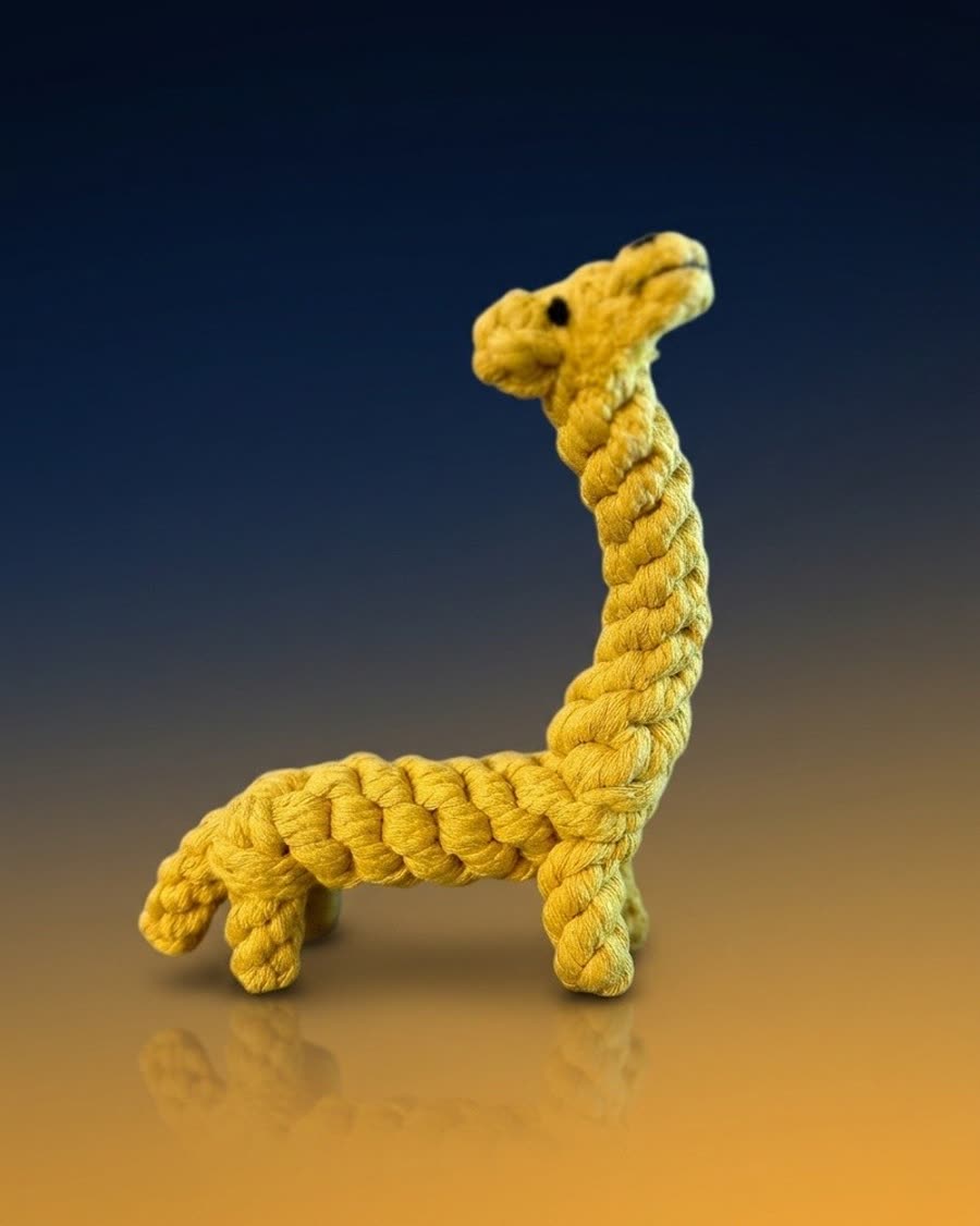 A rope giraffe toy on a studio backdrop, made from a phone photo.